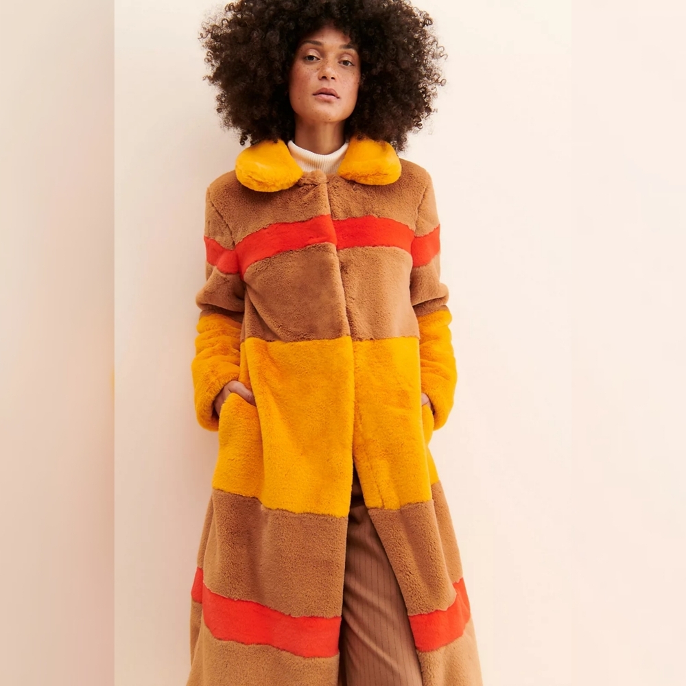 Hutch Anthropologie Colorblock Striped Faux Fur Jacket Women's Size Large